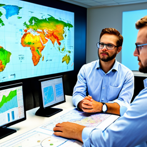 Home 12 **Prompt:** A professional team of geographers and data scientists in a modern, high-tech research facility. They are fully clothed in professional dress, engaged in collaborative discussion around large, transparent screens displaying intricate GIS maps, real-time environmental data, and complex global patterns. The setting is bright and analytical, emphasizing cutting-edge technology and data-driven insights. All subjects exhibit perfect anatomy, correct proportions, natural poses, well-formed hands, proper finger count, and natural body proportions. safe for work, appropriate content, fully clothed, professional, high quality scientific photography.