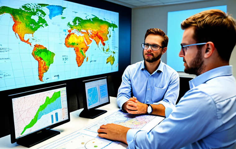 **Prompt:** A professional team of geographers and data scientists in a modern, high-tech research facility. They are fully clothed in professional dress, engaged in collaborative discussion around large, transparent screens displaying intricate GIS maps, real-time environmental data, and complex global patterns. The setting is bright and analytical, emphasizing cutting-edge technology and data-driven insights. All subjects exhibit perfect anatomy, correct proportions, natural poses, well-formed hands, proper finger count, and natural body proportions. safe for work, appropriate content, fully clothed, professional, high quality scientific photography.