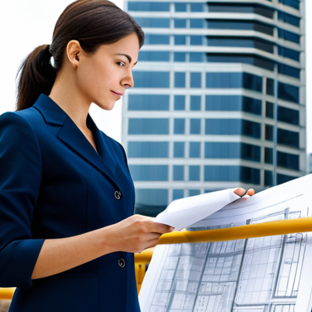 GIS 경력 개발 - A professional female architect in a fully clothed, modest business casual outfit, reviewing bluepri...
