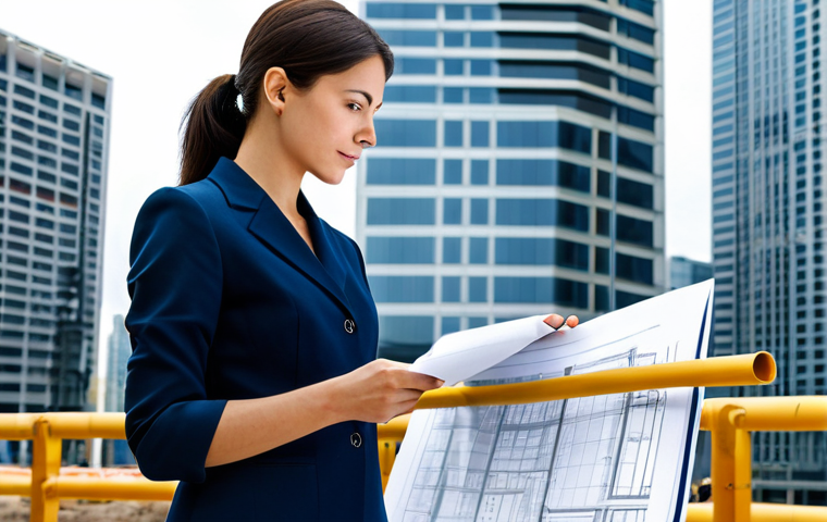 GIS 경력 개발 - A professional female architect in a fully clothed, modest business casual outfit, reviewing bluepri...