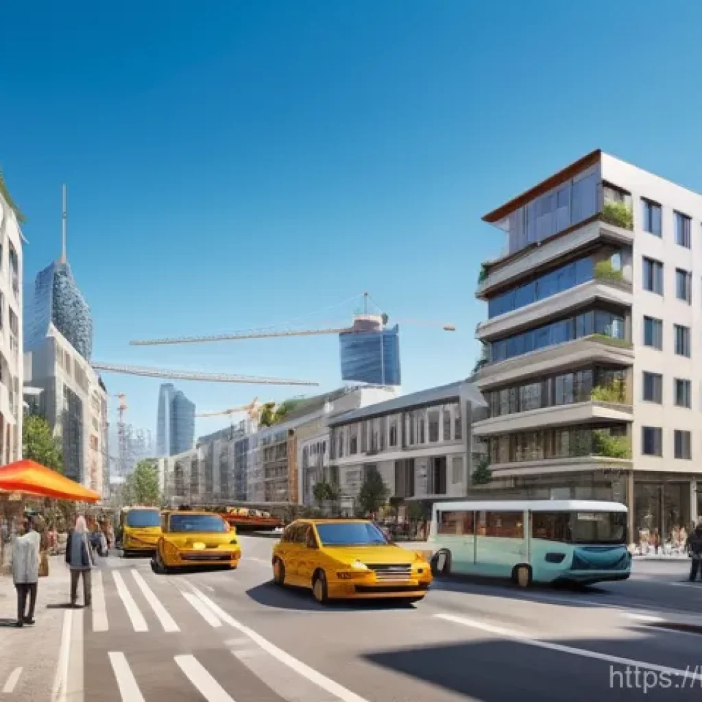 지리학적 도시화 - **Prompt:** A vibrant panoramic view of a rapidly transforming city. On the left side, a quaint, pea...