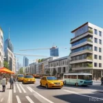 지리학적 도시화 - **Prompt:** A vibrant panoramic view of a rapidly transforming city. On the left side, a quaint, pea...