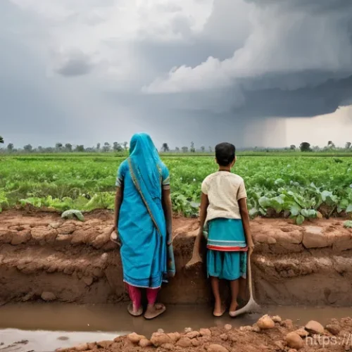 기후 변화 대응을 위한 지리학 - **Prompt:** A vibrant, bustling Indian village scene showcasing both the challenges of unpredictable...