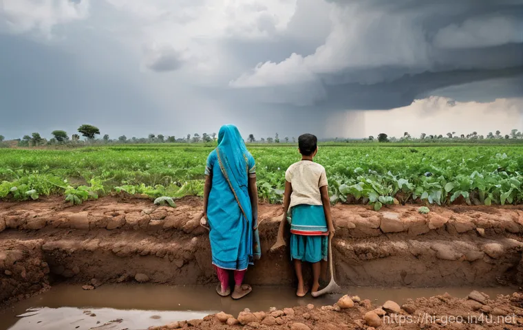 기후 변화 대응을 위한 지리학 - **Prompt:** A vibrant, bustling Indian village scene showcasing both the challenges of unpredictable...