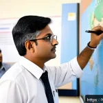 지리학 교수 자격 - A dedicated Indian geography professor in a modern university classroom, wearing professional attire...