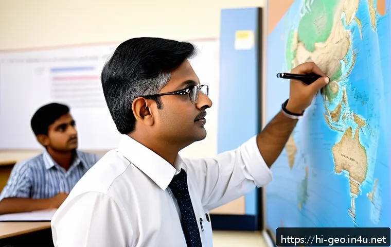 지리학 교수 자격 - A dedicated Indian geography professor in a modern university classroom, wearing professional attire...