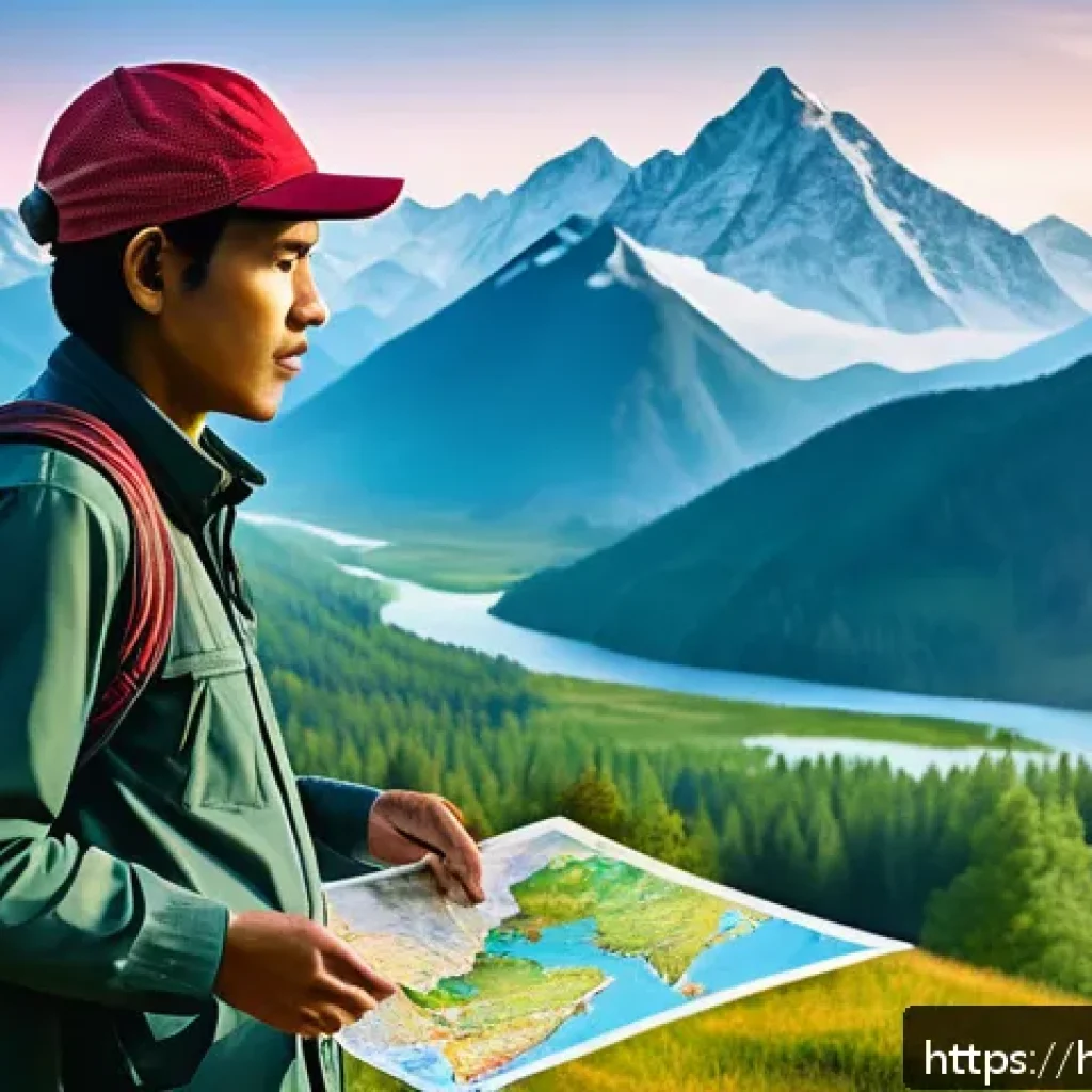 지리학적 문제 해결 - A detailed and vibrant illustration of a geographical puzzle scene featuring a person navigating a m...