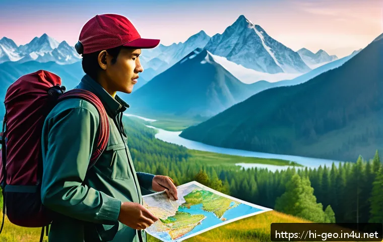 지리학적 문제 해결 - A detailed and vibrant illustration of a geographical puzzle scene featuring a person navigating a m...