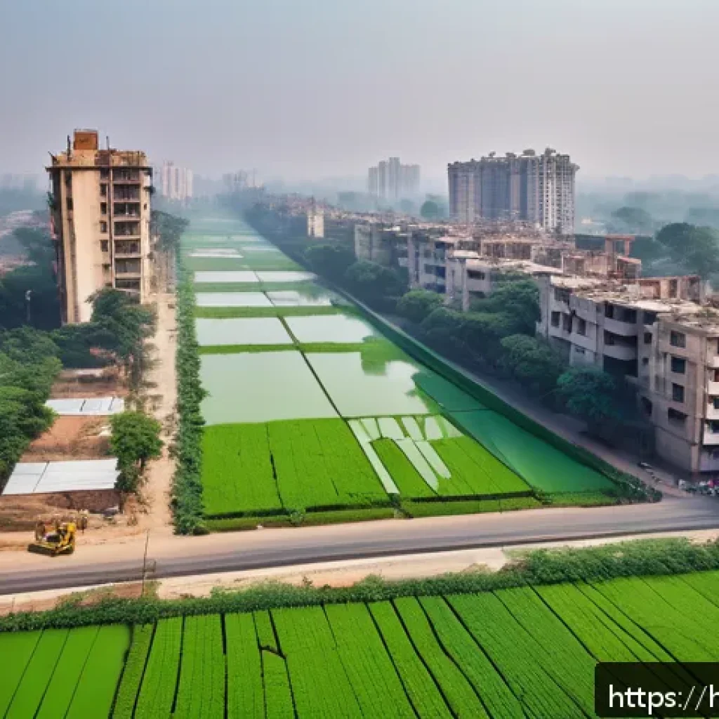 지리학적 사고 - A detailed urban landscape showing rapid city expansion in India with modern buildings encroaching o...