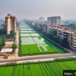 지리학적 사고 - A detailed urban landscape showing rapid city expansion in India with modern buildings encroaching o...