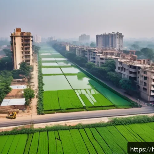 지리학적 사고 - A detailed urban landscape showing rapid city expansion in India with modern buildings encroaching o...