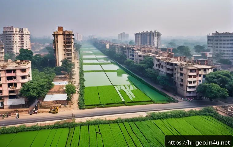 지리학적 사고 - A detailed urban landscape showing rapid city expansion in India with modern buildings encroaching o...