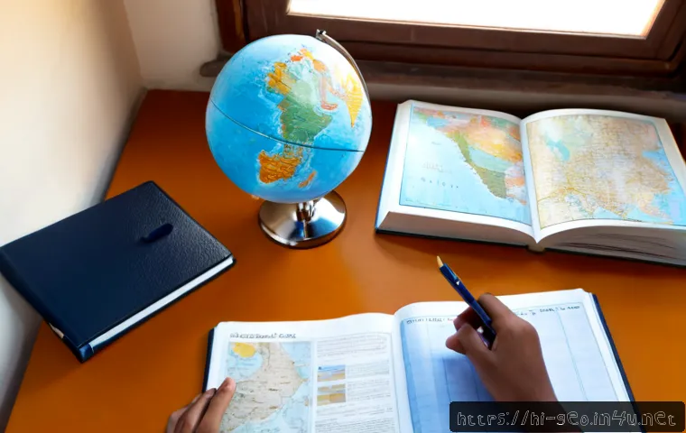Home 16 지리학 교재 추천 - Photorealistic top-down study desk scene for choosing a geography textbook, a Hindi-speaking Indian ...