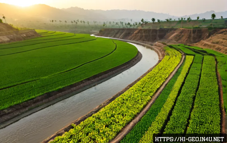 Home 16 지리학적 수자원 관리 - Photorealistic aerial view of a rural Indian watershed management landscape, terraced farmland, a sm...